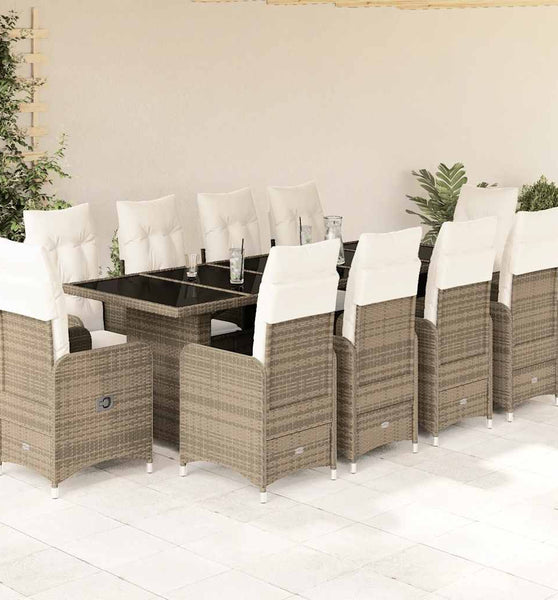 11-tlg. Garten-Bistro-Set mit Kissen Beige Poly Rattan