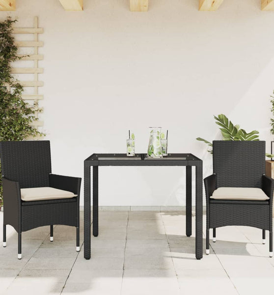 3-tlg. Garten-Essgruppe mit Kissen Schwarz Poly Rattan Glas