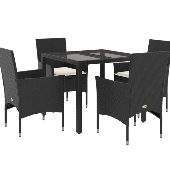 5-tlg. Garten-Essgruppe mit Kissen Schwarz Poly Rattan und Glas