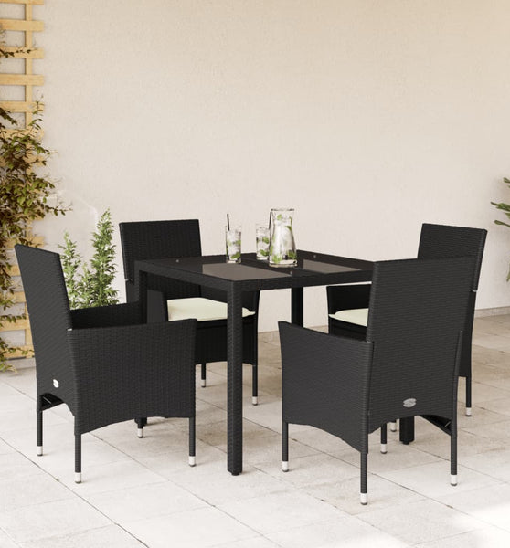 5-tlg. Garten-Essgruppe mit Kissen Schwarz Poly Rattan und Glas