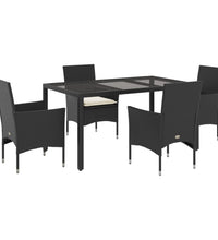 5-tlg. Garten-Essgruppe mit Kissen Schwarz Poly Rattan und Glas