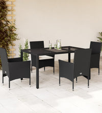 5-tlg. Garten-Essgruppe mit Kissen Schwarz Poly Rattan und Glas