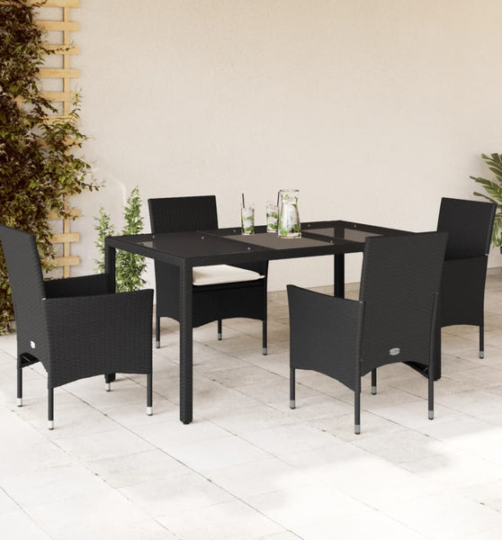 5-tlg. Garten-Essgruppe mit Kissen Schwarz Poly Rattan und Glas