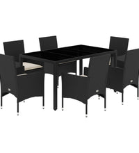 7-tlg. Garten-Essgruppe mit Kissen Schwarz Poly Rattan Glas