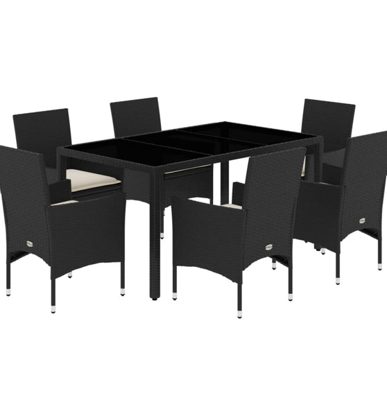 7-tlg. Garten-Essgruppe mit Kissen Schwarz Poly Rattan Glas