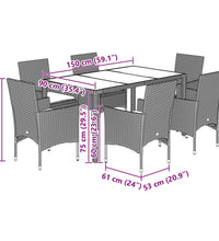 7-tlg. Garten-Essgruppe mit Kissen Schwarz Poly Rattan Glas