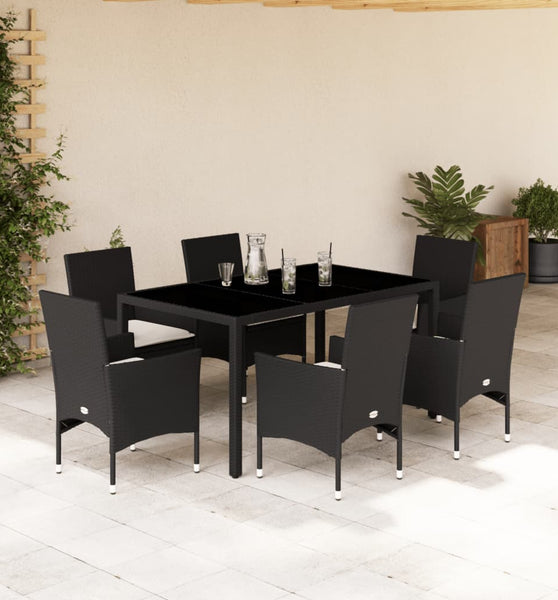 7-tlg. Garten-Essgruppe mit Kissen Schwarz Poly Rattan Glas