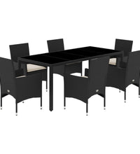 7-tlg. Garten-Essgruppe mit Kissen Schwarz Poly Rattan Glas