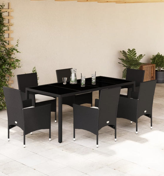 7-tlg. Garten-Essgruppe mit Kissen Schwarz Poly Rattan Glas