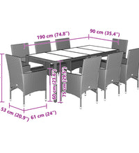 9-tlg. Garten-Essgruppe mit Kissen Schwarz Poly Rattan und Glas