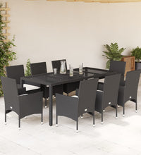 9-tlg. Garten-Essgruppe mit Kissen Schwarz Poly Rattan und Glas