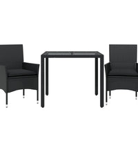3-tlg. Garten-Essgruppe mit Kissen Schwarz Poly Rattan Glas