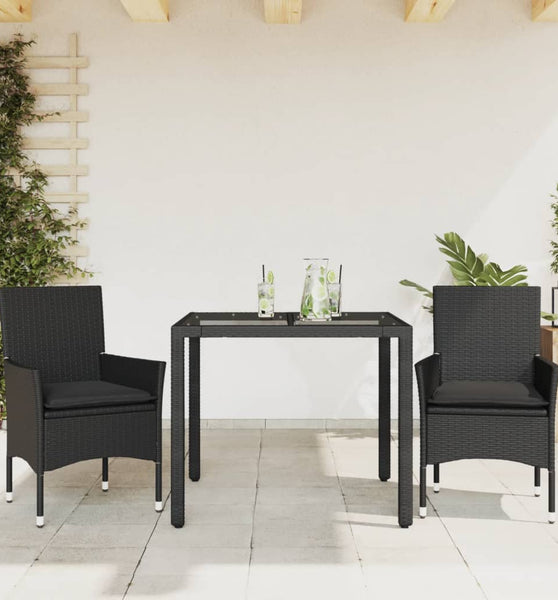 3-tlg. Garten-Essgruppe mit Kissen Schwarz Poly Rattan Glas