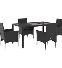 5-tlg. Garten-Essgruppe mit Kissen Schwarz Poly Rattan und Glas