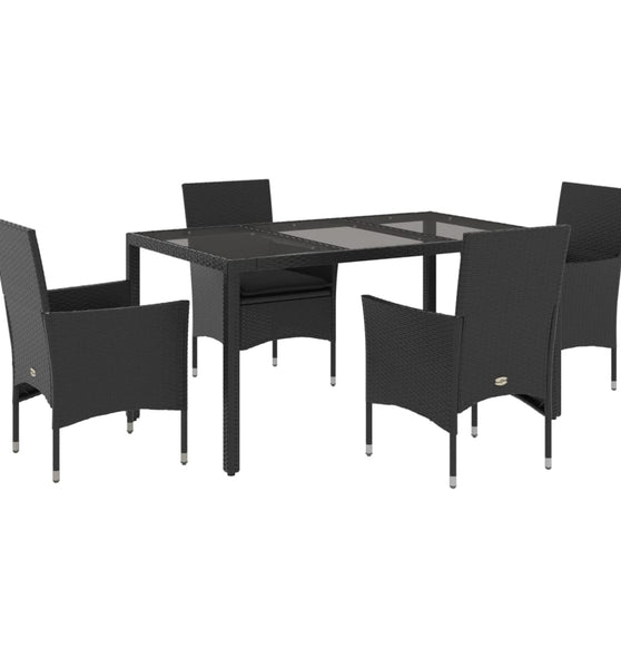 5-tlg. Garten-Essgruppe mit Kissen Schwarz Poly Rattan und Glas