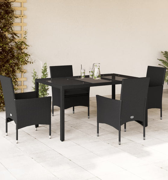 5-tlg. Garten-Essgruppe mit Kissen Schwarz Poly Rattan und Glas