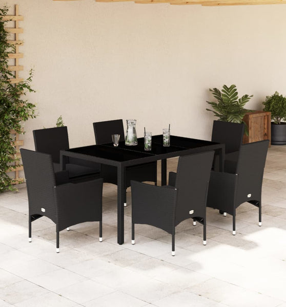 7-tlg. Garten-Essgruppe mit Kissen Schwarz Poly Rattan Glas