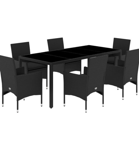 7-tlg. Garten-Essgruppe mit Kissen Schwarz Poly Rattan Glas