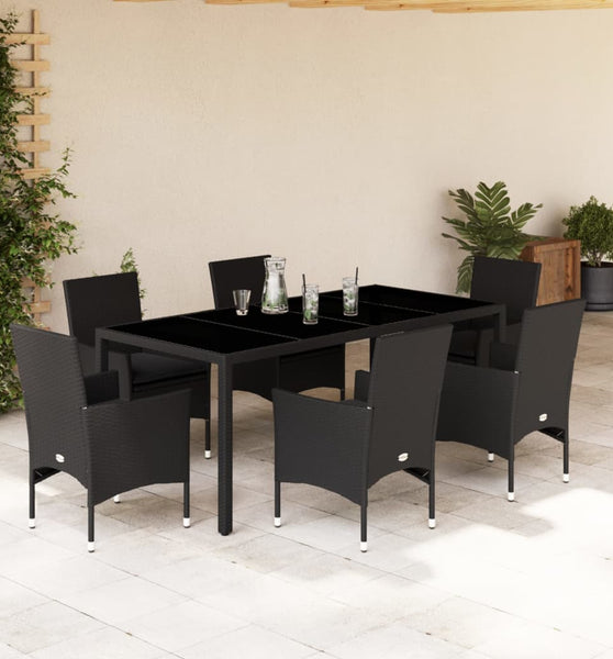 7-tlg. Garten-Essgruppe mit Kissen Schwarz Poly Rattan Glas