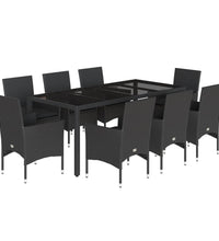 9-tlg. Garten-Essgruppe mit Kissen Schwarz Poly Rattan und Glas