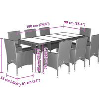 9-tlg. Garten-Essgruppe mit Kissen Schwarz Poly Rattan und Glas