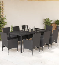 9-tlg. Garten-Essgruppe mit Kissen Schwarz Poly Rattan und Glas
