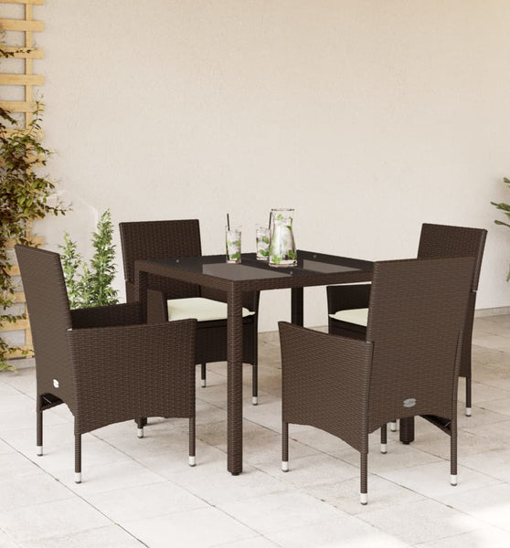 5-tlg. Garten-Essgruppe mit Kissen Braun Poly Rattan Glas