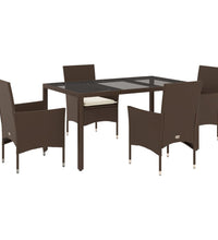 5-tlg. Garten-Essgruppe mit Kissen Braun Poly Rattan Glas