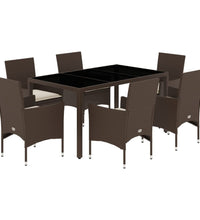 7-tlg. Garten-Essgruppe mit Kissen Braun Poly Rattan und Glas