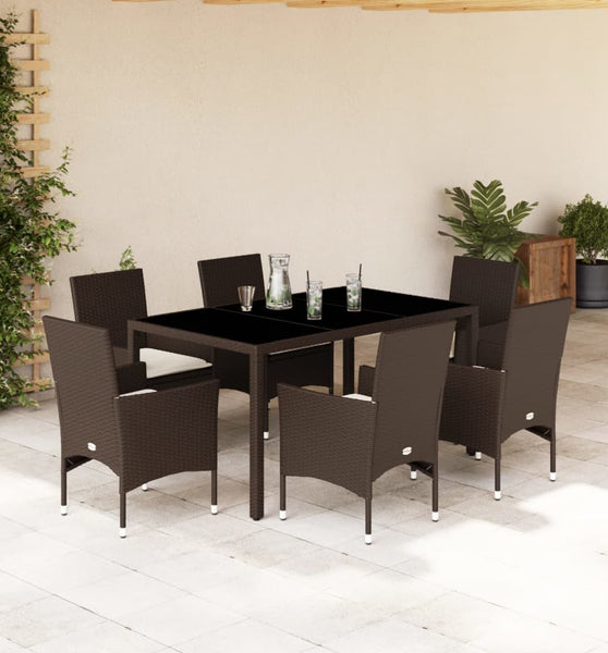 7-tlg. Garten-Essgruppe mit Kissen Braun Poly Rattan und Glas