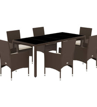 7-tlg. Garten-Essgruppe mit Kissen Braun Poly Rattan und Glas