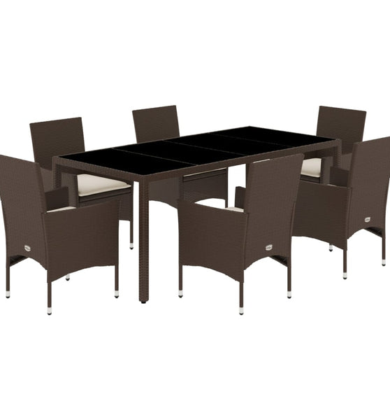 7-tlg. Garten-Essgruppe mit Kissen Braun Poly Rattan und Glas