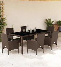 7-tlg. Garten-Essgruppe mit Kissen Braun Poly Rattan und Glas