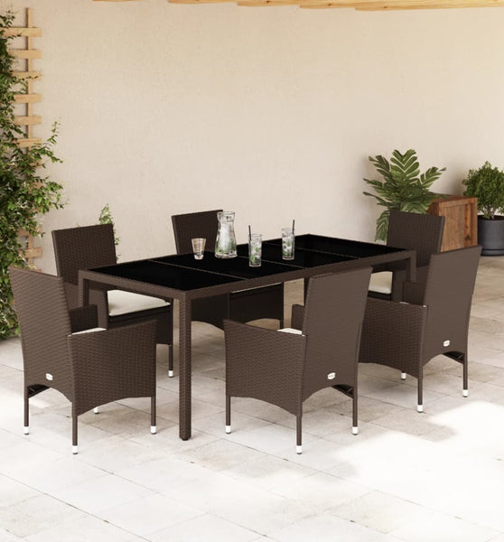 7-tlg. Garten-Essgruppe mit Kissen Braun Poly Rattan und Glas