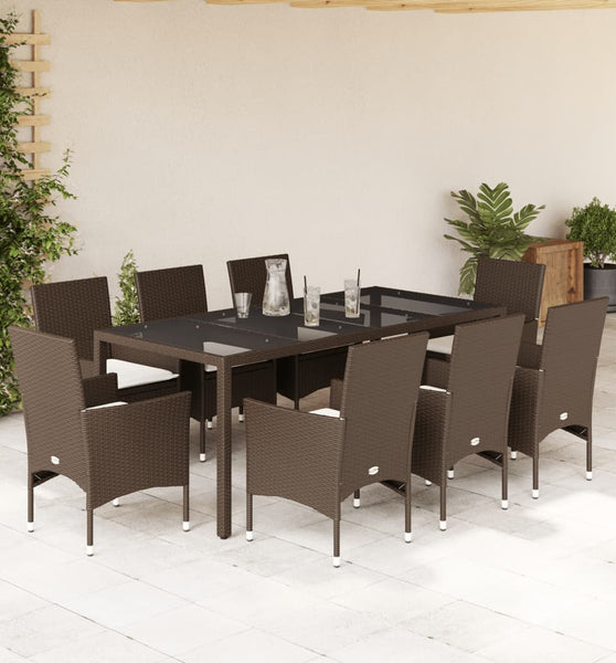 9-tlg. Garten-Essgruppe mit Kissen Braun Poly Rattan Glas