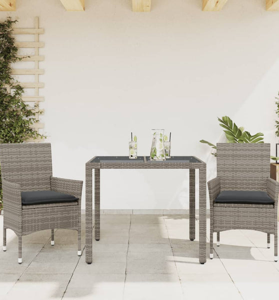 3-tlg. Garten-Essgruppe mit Kissen Grau Poly Rattan und Glas