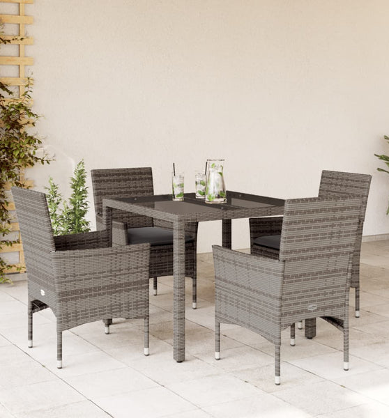5-tlg. Garten-Essgruppe mit Kissen Grau Poly Rattan und Glas