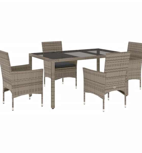 5-tlg. Garten-Essgruppe mit Kissen Grau Poly Rattan und Glas