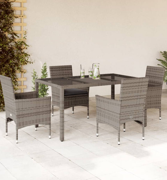 5-tlg. Garten-Essgruppe mit Kissen Grau Poly Rattan und Glas