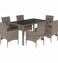 7-tlg. Garten-Essgruppe mit Kissen Grau Poly Rattan und Glas