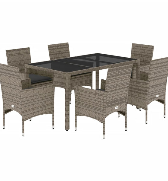 7-tlg. Garten-Essgruppe mit Kissen Grau Poly Rattan und Glas