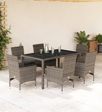 7-tlg. Garten-Essgruppe mit Kissen Grau Poly Rattan und Glas