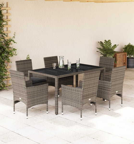 7-tlg. Garten-Essgruppe mit Kissen Grau Poly Rattan und Glas