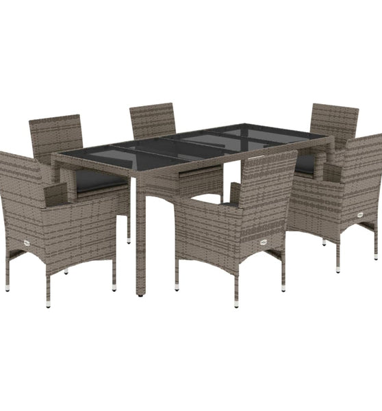 7-tlg. Garten-Essgruppe mit Kissen Grau Poly Rattan und Glas