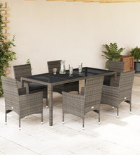 7-tlg. Garten-Essgruppe mit Kissen Grau Poly Rattan und Glas