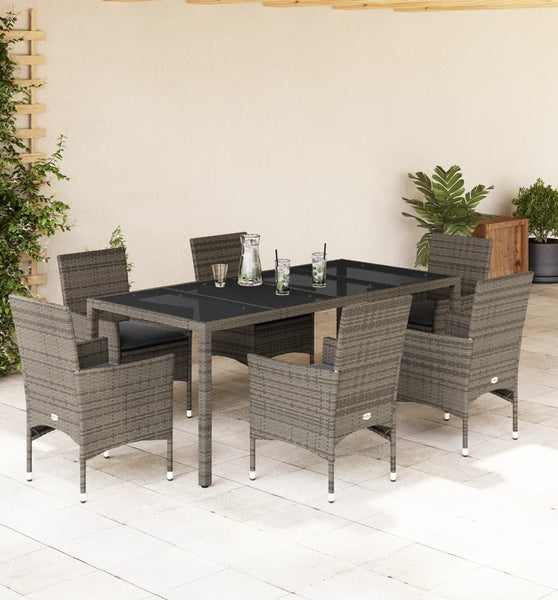 7-tlg. Garten-Essgruppe mit Kissen Grau Poly Rattan und Glas