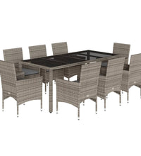 9-tlg. Garten-Essgruppe mit Kissen Grau Poly Rattan und Glas