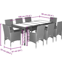 9-tlg. Garten-Essgruppe mit Kissen Grau Poly Rattan und Glas