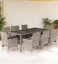 9-tlg. Garten-Essgruppe mit Kissen Grau Poly Rattan und Glas