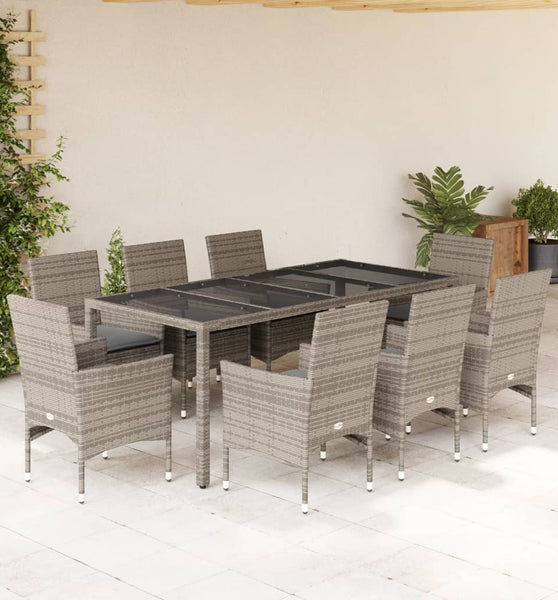 9-tlg. Garten-Essgruppe mit Kissen Grau Poly Rattan und Glas